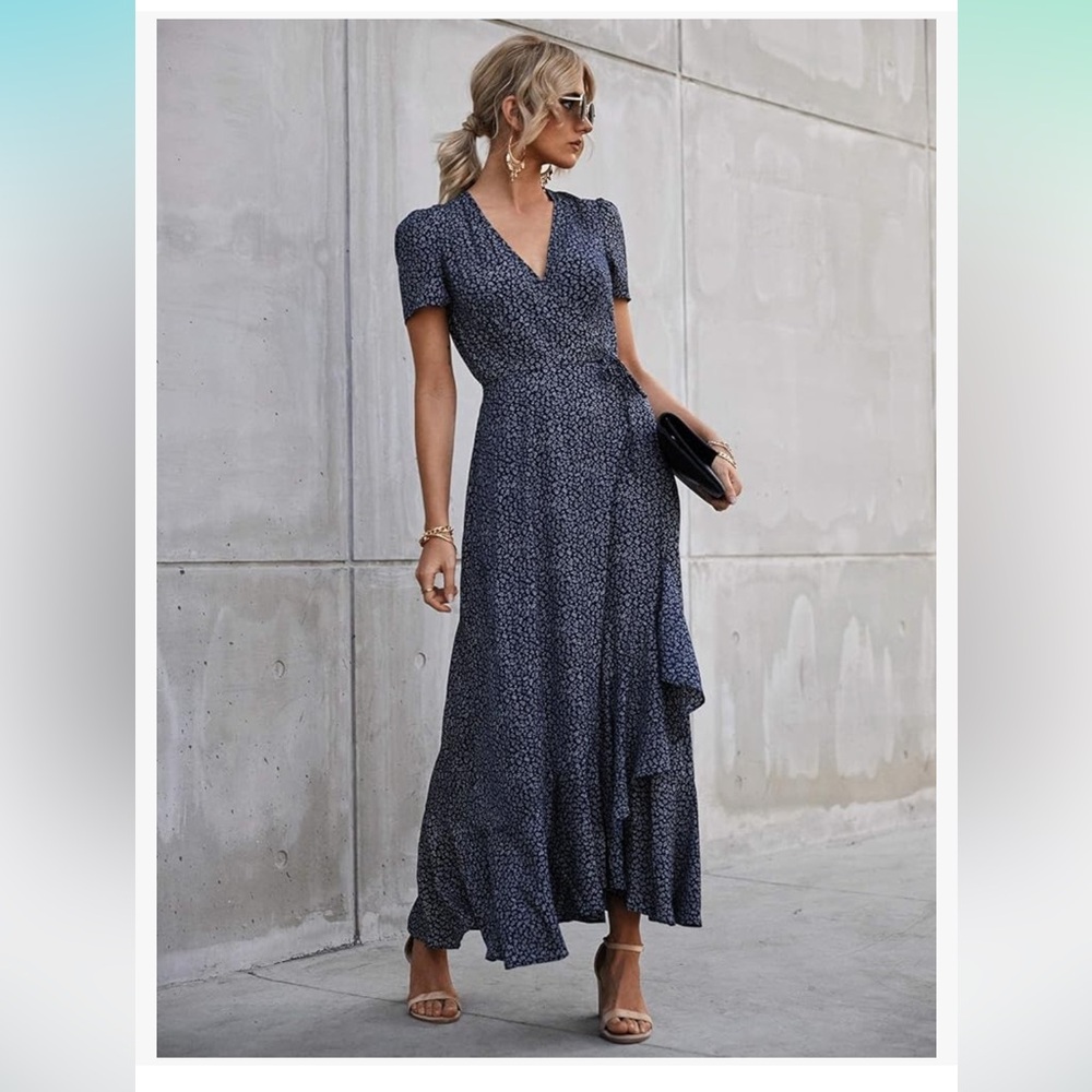 Pretty Garden Womens Summer Wrap Maxi Dress Floral V Neck Long Dress. Size L NWT
